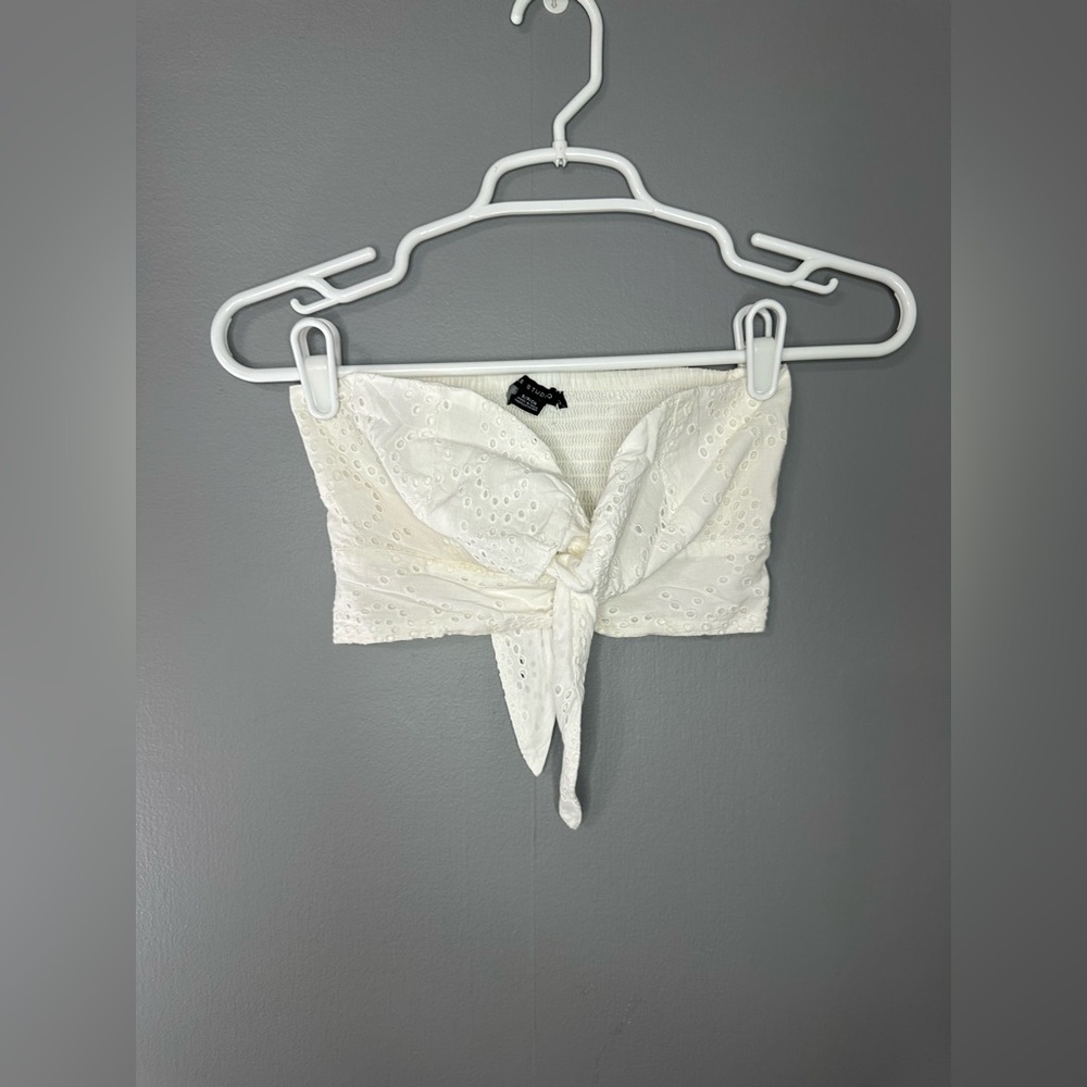 AE Studio Tie-Front White Eyelet Strapless Women’s Top